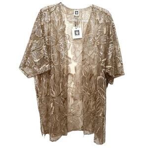 Anne Klein Womens Floral Sequin‎ Sheer Cardigan Size S/M White Latte Poly NWT